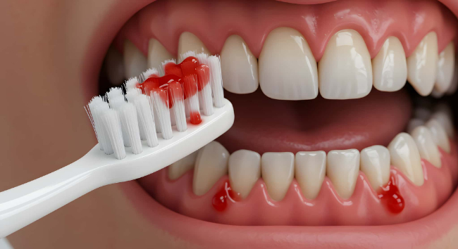 歯周病の初期症状である歯みがき時に歯茎から出血するイメージ
