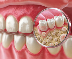 歯周病の原因となるプラークと細菌のイメージ